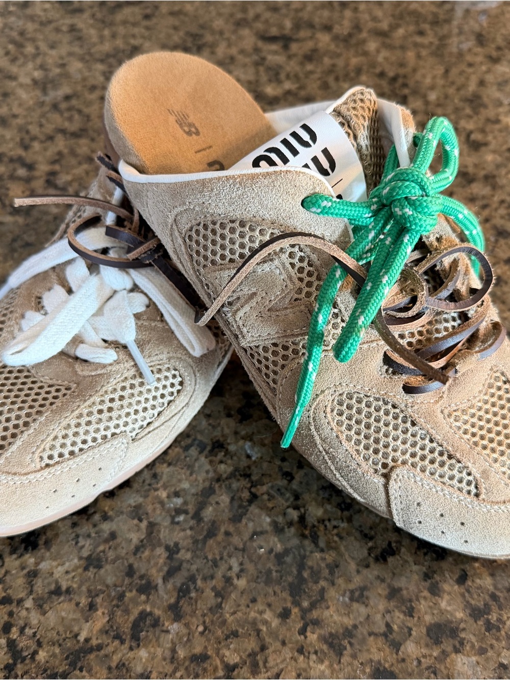 Miu Miu x New Balance Beige Suede Mesh Sneaker Clogs with Green Accent Laces